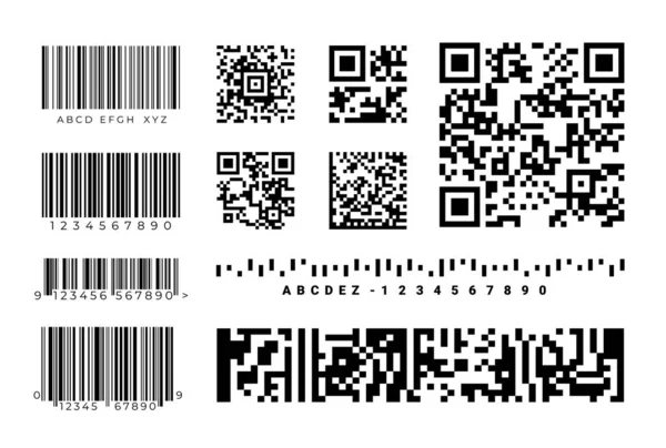 Códigos de barras. Etiquetas de identificação de código QR. Códigos de inventário realistas com sinais gráficos e números. Adesivos de mercadoria. Elementos de etiqueta de preço isolados. Conjunto de crachás de vetor preto e branco — Vetor de Stock