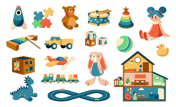 Cartoon toys. Babies objects for playing games. Kids educational jigsaw and puzzles. Plush animals or cute dollhouse. Musical instruments for children. Vector colorful playthings set