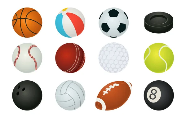 Bolas de dibujos animados. Inventario deportivo. Esferas para jugar baloncesto y fútbol, tenis o béisbol. Un disco de hockey. Bolos aislados y equipos profesionales de billar. Juego de herramientas de juegos vectoriales — Vector de stock