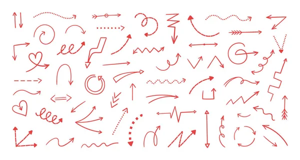 Doodle arrows. Hand drawn direction signs. Cartoon abstract sketch. Pencil graphic art. Mathematic red symbols. Minimalistic way pointers. Funny scribble background. Vector icons set — 스톡 벡터