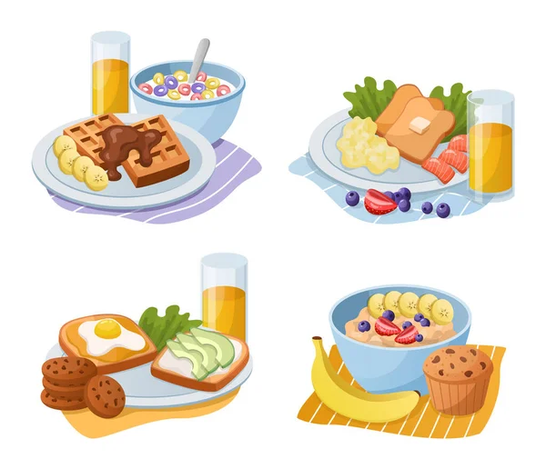 Refeições. Tipos de comida da manhã dos desenhos animados. Servindo almoço com sanduíches e queques doces. Tigela de muesli ou aveia. Biscoitos e waffles isolados. Conjunto de lanches Vector brunch — Vetor de Stock