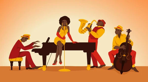 Musician. Cartoon jazz band. Persons perform on stage. Woman singing. Men playing acoustic music with double bass, saxophone and piano. Vector orchestra artists with musical instruments — 스톡 벡터