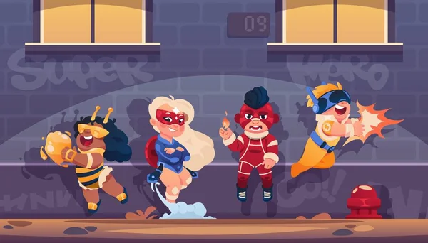 Superhero kids team. Cartoon background with children cosplaying comics heroes in funny costumes and masks. Boys and girls flying and fighting against evil. Vector brave teenagers set Royalty Free Stock Illustrations