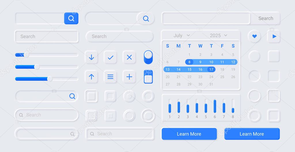Neumorphic UI kit. Screen buttons. Search forms and icons for web application or infographic. Calendar and indicators templates. Digital panel mockup. Vector interface elements set