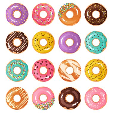 Cartoon donuts. Cute sweet cupcakes. Colorful chocolate decorative desserts with confectionery. Tasty round glazed cakes. Yummy doughnuts set. Vector delicious food products collection clipart
