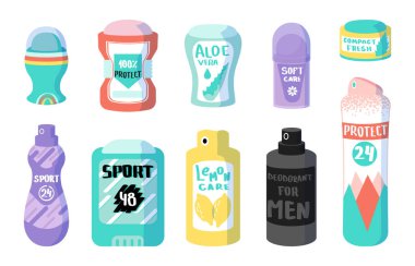 Çizgi film deodorantı. Terleme önleyici kozmetik. Ter kokusu koruması için aerosol. Çubuk ve sprey. Kişisel temizlik ve parfüm. İzole edilmiş silindir şişeler. Vektör bakım ürünleri ayarlandı