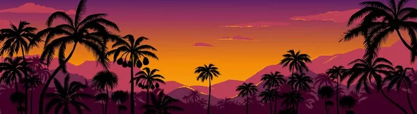 Fondo de silueta de palmera. Paisaje al atardecer de California con plantas exóticas en el horizonte. Bosque tropical y montañas. Cielo nocturno escénico. Panorama natural. Vector costa caliente fondo de pantalla — Archivo Imágenes Vectoriales