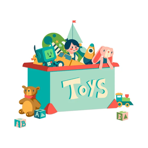 Spielzeugkiste. Cartoon-Container mit Kindertransport und Plüschtieren. Puppe oder Roboter für das Spielen und die Erziehung von Kleinkindern. Lagerung von Kinderraketen oder Musikinstrumenten. Vector Waisenhaus Geschenkbox — Stockvektor