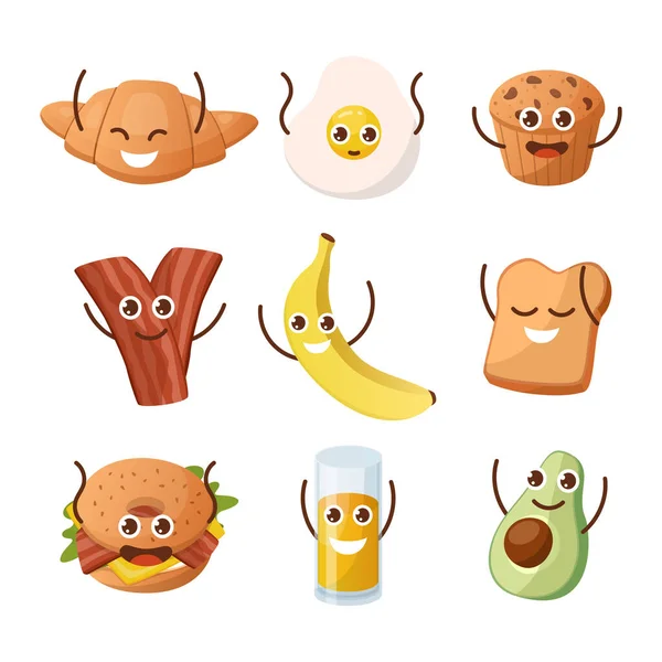 Les personnages du petit déjeuner. Nourriture du matin avec des gribouillis drôles. Clipart de mascotte Kawaii. Banane et avocat avec des gestes de salutation. Croissant souriant ou verre de jus. Ensemble de collations vectorielles pour déjeuner — Image vectorielle