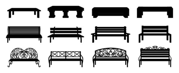 Силуэт скамейки. Черный деревянный и плетеный уличный стул. Изолированная коллекция мебели для отдыха в парке. Открытое сиденье с декоративной металлической спинкой. Пейзажные элементы. Набор векторных значков — стоковый вектор