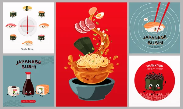 Sushi poster. Cartoon banners met Japanse gerechten. Rijst met zeevruchten, groenten en sauzen. Ramen soep of sashimi. Voedselmascottes met schattige gezichten. Vector restaurant menu covers set — Stockvector