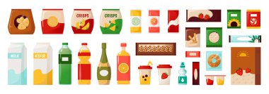 Food packs. Supermarket daily products. Packed everyday goods. Isolated packages for chips and cookies. Bottles of milk. Tasty sauces. Sweets and snacks. Vector cooking ingredients set