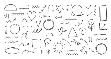 Doodle hand drawn shapes. Marker freehand artistic brush arrows. Pencil graphic direction signs. Geometric forms. Contour sketch of heart and sun symbols. Vector chalk elements set