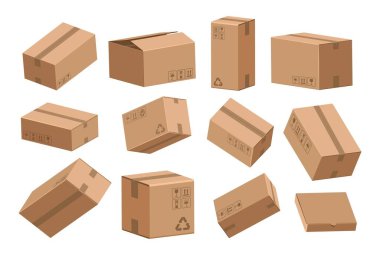 Open and closed box. Cartoon cardboard containers for shipping and storage. View from different sides on packages set with fragile and recycle signs. Vector parcel and mail distribution