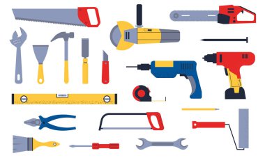 Construction tools. Cartoon carpentry and mechanic work hardware. Plumber and engineer instruments set. Builder electric appliance. Vector fix and repair handy equipment collection