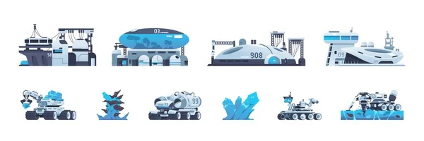 Mars explorer. Alien planet base and colony. Discovery transport and scientific rovers. Space research stations. Blue minerals. Si-fi machines for kids illustration. Vector isolated set — Image vectorielle