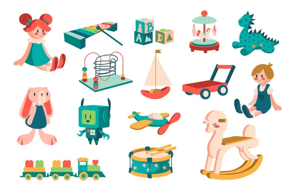 Kid toys. Cartoon cute children dolls and robots for play and education. Baby infant and toddler transport. Musical xylophone and animals collection. Vector isolated playthings set — Vetor de Stock