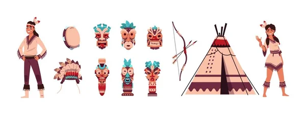 Cartoon Indians. Aztec or Maya persons. Man or woman with ritual shaman Tiki mask, feather headwear and totem. Tribal collection. Drum and bow with arrows. Vector traditional wigwam — Vettoriale Stock