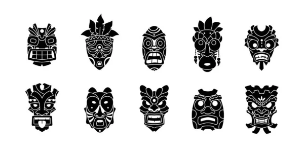 Hawaiian head mask. Tiki totem collection. Tribal ritual sculpture silhouette. Monochrome god face. Ethnic religious icons. Isolated aboriginal idols. Indigenous tattoo. Vector exotic set — Vettoriale Stock