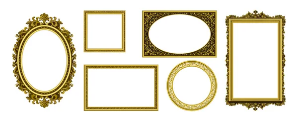 Golden picture frames. Vintage photo border. Antique royal museum decoration with luxury ornament. Isolated frameworks of gold. Premium furniture template. Vector interior elements set — стоковый вектор