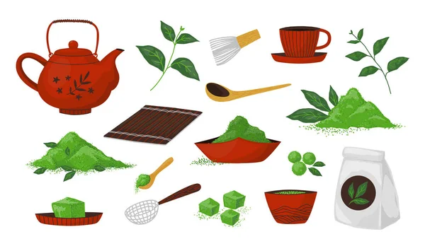 Matcha tea. Green Japanese kawaii elements. Powder for trendy drinks or delicious desserts. Teapot and cup. Asian culture collection. Whisk and spoons. Vector beverage ingredients set — Image vectorielle