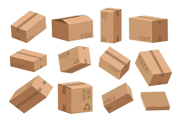 Open and closed box. Cartoon cardboard containers for shipping and storage. View from different sides on packages set with fragile and recycle signs. Vector parcel and mail distribution — Image vectorielle