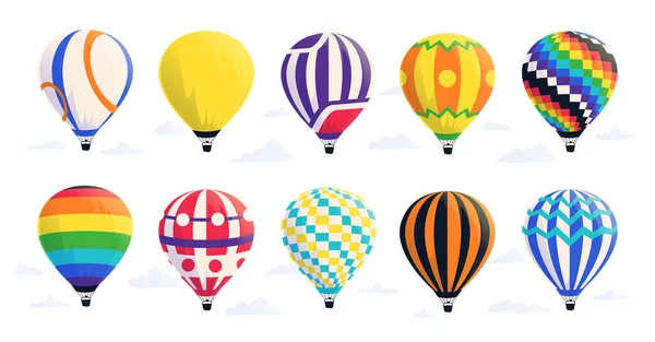 Cartoon air balloons. Hot airship with baskets and domes in sky. Summer journey and travel symbol. Flight of colorful striped aerostat. Isolated flying transport. Vector vehicle set — Archivo Imágenes Vectoriales