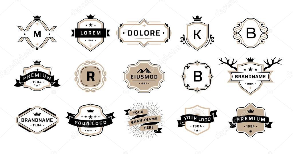 Quality emblem. Premium vintage badges. Luxury brand stamps. Graphic business logos with ribbons and crowns. Calligraphic label frames mockup. Vector elegant wreath decorations set
