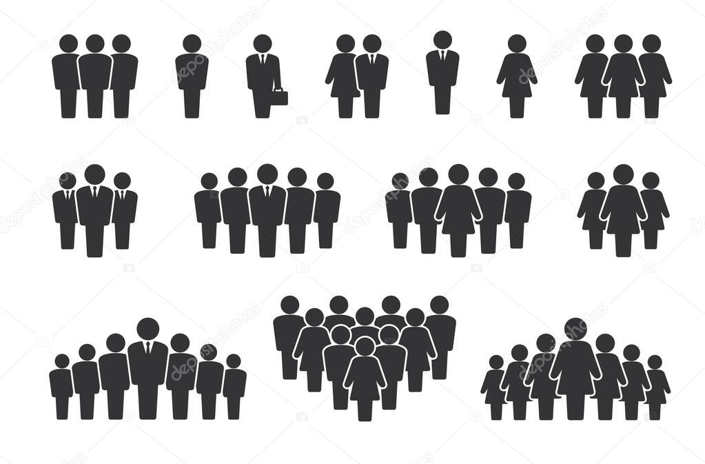 Person group. People silhouette icons. Citizen crowd statistics and team communication concept. Company employee pictograms. Signs of alone standing man or woman. Vector symbols set