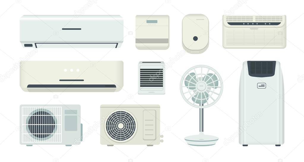 Air conditioner. Cooling system and climate control equipment. Isolated breather and ventilator. Home ventilation. Purifier or humidifier. Vector electrical conditioning appliance set