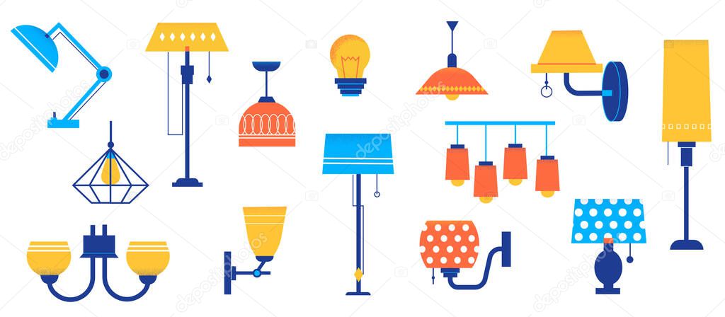 Doodle lamps. Cartoon floor and table lighting equipment. Sconce with bright lampshades. Chandelier and pendant lights. Interior illumination collection. Vector decorative elements set