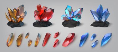 Gemstone 'lar Parlak ve renkli hazine değerli taşlar ve kristaller. Parlayan elmas ya da ametist. Mücevher taşı ve opal. Gerçekçi parlak mücevherler. Jeoloji şablonu. Vektör taşları ayarlandı