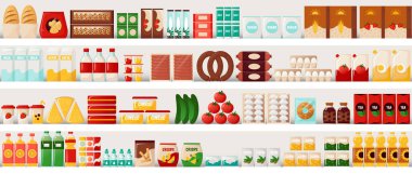Süpermarket yemekleri. Mısır gevreği, süt, yumurta ya da makarna içeren market rafları. Market şablonu. Günlük ürünler. Şişeler ve yemek kapları. Vektör perakende arkaplanı