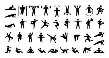 İnsan spor ikonları. Beden eğitimi. Fitness ve spor egzersizleri. Yoga ya da aerobik. Çubuk adamla izole edilmiş semboller. Minimum atletik kişi. Vücut siluetleri. Vektör işaretleri ayarlandı