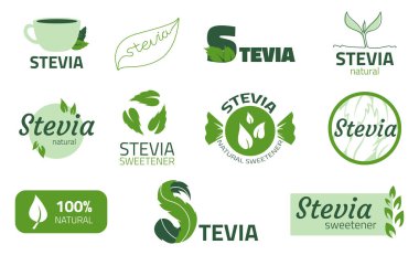 Stevia etiketi. Yedek tatlandırıcı çıkartmaları. Beslenme için şekersiz organik ürün. Yaprak ve gövde özü. Alternatif tatlı değişimi. Biyolojik katkı maddesi. Vektör yeşil amblemleri ayarlandı