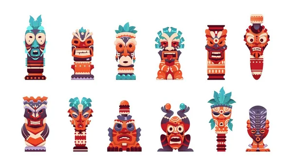 Totem Tiki. Dessin animé statue hawaïenne et africaine tribale. Maya et Aztec effrayant dieu visage collection. Sculpture autochtone traditionnelle. Figure de sculpture isolée. Ensemble vectoriel d'anciennes idoles — Image vectorielle