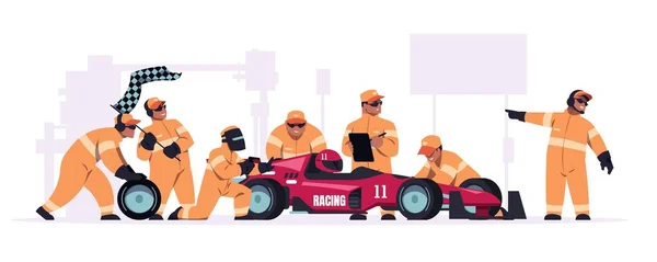 Tripulação. Cartoon pit stop team em uniforme trabalhando em carro de corrida. Trabalhadores mecânicos mudando rodas de bolide. Técnicos e engenheiros de manutenção. Reparação de automóveis. Ilustração vetorial — Vetor de Stock