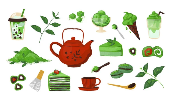 Matcha desszert. Japán tea zöld por kultúra elemei. Sajttorta és makarónis édesség. Ázsiai bio ételek vagy italok. Természetes jégkrém és koktélok. Vektor ízletes étel készlet — Stock Vector