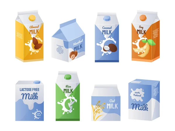 Du lait biologique. Collection de boissons végétariennes pour café et thé. Lait végétalien de remplacement. Conteneurs isolés pour aliments en carton. Produits liquides sans lactose. Ensemble de boissons saines vectorielles — Image vectorielle