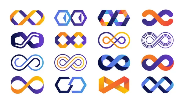 Oneindige logo. Gekleurde Mobius lint en eeuwigheid geometrische symbolen. Blauwe en oranje onbegrensde zakelijke emblemen. Geïsoleerde herhalingsborden sjablonen. Vector eindeloze lijn elementen ingesteld — Stockvector