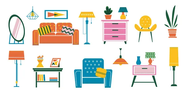 漫画のインテリア家具。植物や机をかわす。椅子や柔らかいソファ。床とテーブルランプ、シャンデリアと沈黙。明るいコモドの花のポット。ベクトルハウス｜coziness design set — ストックベクタ