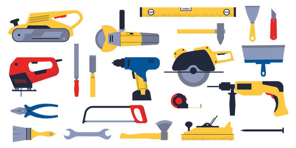 Construction hardware. Home repair tools. Building carpentry and electric engineering equipment. Handy house instruments set. Vector saw and spatula, modern drill or grinder machine