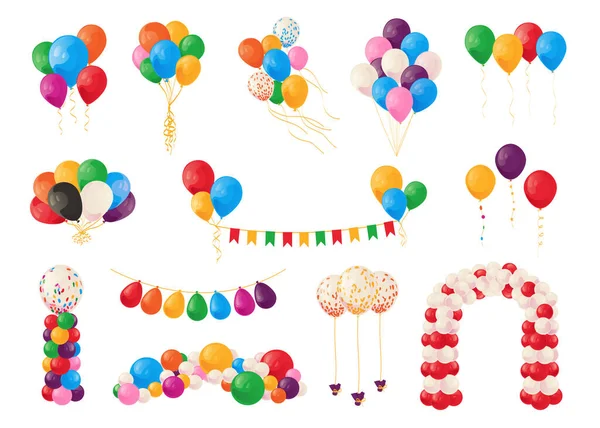 Μπαλόνια με κινούμενα σχέδια. Γιορτή γενεθλίων και διακοσμητικά στοιχεία καρναβαλιού. Ένα μάτσο εορταστικές φωτεινές γυαλιστερές σφαίρες ηλίου. Στυλ γιρλάντα και αψίδα. Διάνυσμα που φέρουν φουσκωμένες μπάλες — Διανυσματικό Αρχείο
