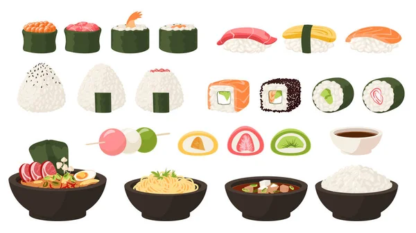 Comida japonesa. Cocina asiática. Sushi de dibujos animados y panecillos. Sopa de olen o okonomiyaki. Dulces tradicionales. Delicioso mochi y dango. Cuencos de sabrosos fideos tempura. Set de comida oriental vectorial — Vector de stock