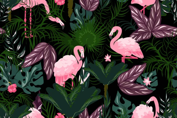 Flamingo-Hintergrund. Cartoon-Tapete mit exotischen rosa Vögeln und tropischen Palmenblättern. Jungle Laub nahtlose Muster. Sommerflora und -fauna. Vektorregenwald pflanzt textile Attrappe — Stockvektor