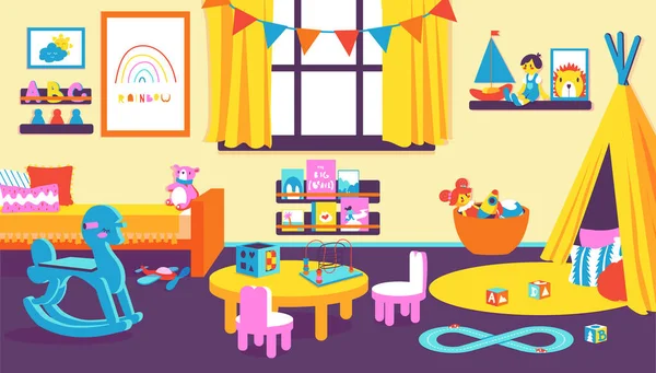 Kinderzimmer. Cartoon-Kindergarten Innenausstattung mit Transport und Tierspielzeug und Puppen für Kleinkinder. Schlafzimmer für Kinder. Helle Möbel und Spielzelt. Vector-Vorschulklasse — Stockvektor