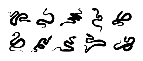 Black snakes. Silhouettes of reptiles with long tails. Wild serpents set. Simple shapes on white. Dangerous vertebrate animals signs. Tattoo template. Vector cold-blooded predators — 스톡 벡터