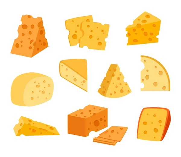 Des morceaux de fromage. Produits laitiers. Dessin animé morsures de maasdam avec des creux et des trous. Tranches de gouda. Ensemble de nourriture au lait de vache. Parties poreuses isolées. Des collations gourmandes. Vecteur naturel délicieux repas — Image vectorielle