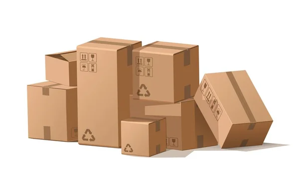 Papírové krabice. Kreslená hromada zásilkového balíčku pro skladování a přepravu. Náklad ve skladu. Izolované čtvercové nádoby s recyklačními značkami. Vektorová pošta ilustrace — Stockový vektor