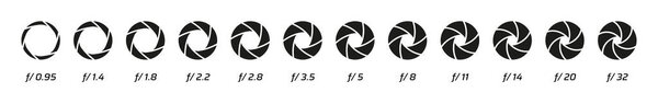 Open aperture. Diaphragm opening and lens speed infographic. F-stop and shutter logo. Sequence stages of closing optical camera equipment. Simple icons. Vector objective circles set